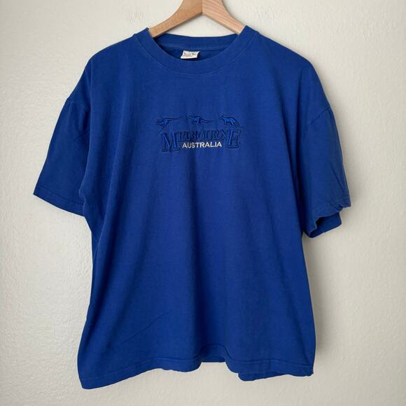 Vintage 90s Men Aussie Tee Melbourne Australia Blue Embroidered T-Shirt Size 2XL - Picture 1 of 12